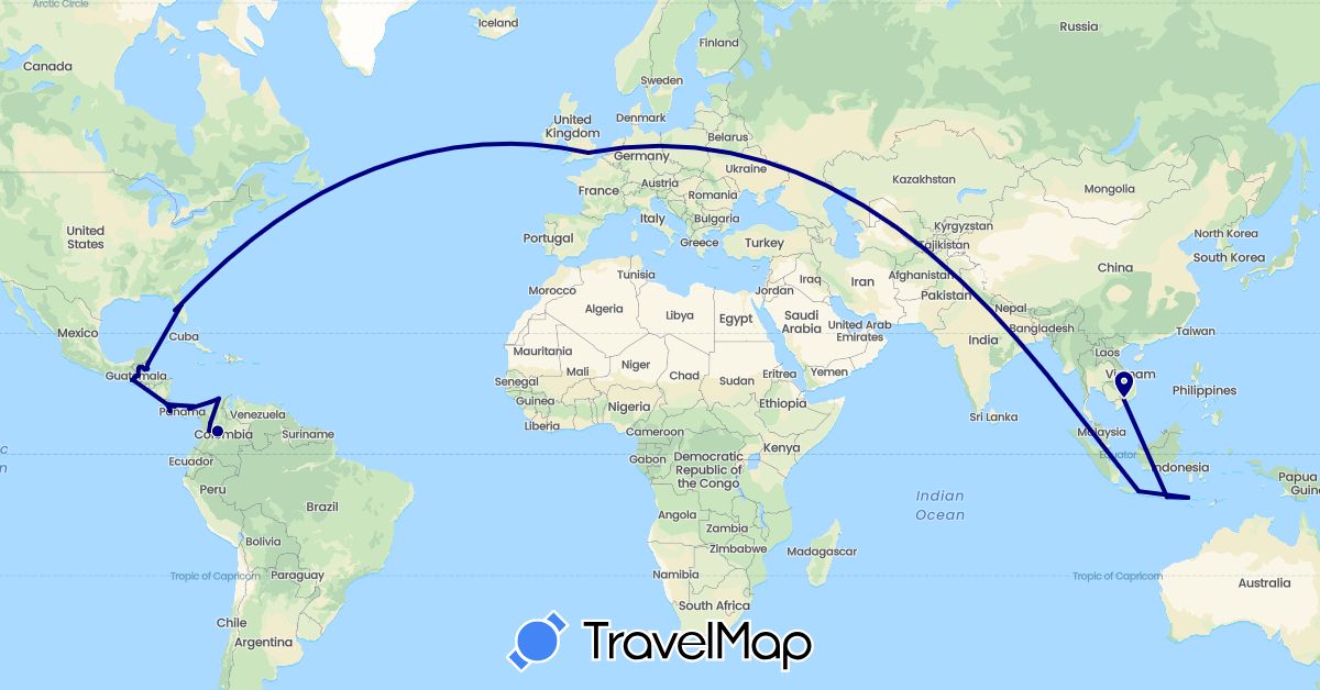 TravelMap itinerary: driving in Belize, Colombia, Costa Rica, United Kingdom, Guatemala, Indonesia, Panama, United States, Vietnam (Asia, Europe, North America, South America)